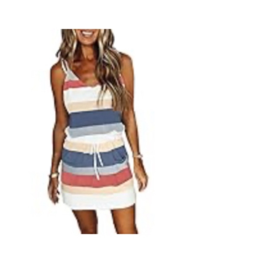 Striped Print Colorblock Drawstring dress